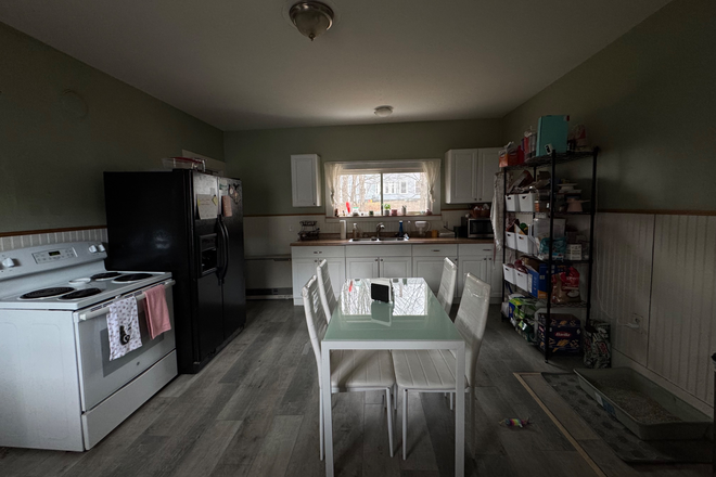 Kitchen from front door - One bedroom, one bathroom apartment with in-unit laundry close to campus