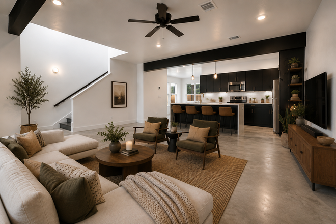 Living Room/Kitchen - 3 Bed/3.5 Bath Luxury Modern Townhome Close to Campus (On Bus Route)
