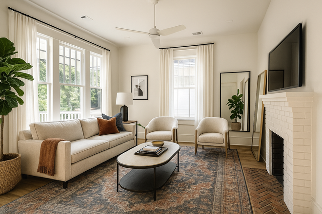 Virtually Staged Living Room - Rare Find | Sun-filled Historic 3BR | 7' Windows | 11’ Ceilings | Zellige Tile | Beltline 7min Walk Duplex