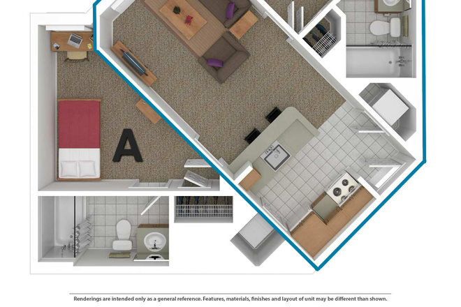 Floor plan of apartment (what is being offered is highlighted in blue) - 2x2 South Campus Commons Building 5 Apartments