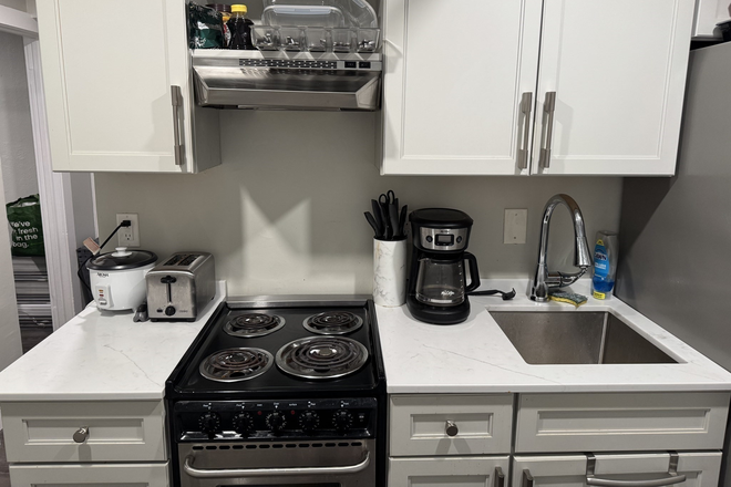 Updated kitchen with stainless steal appliances. Full size fridge/ freezer. Built-in microwave. Dishwasher. Stove and range. - Insane deal on beautiful studio near BC Apartments
