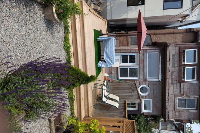 Shared backyard porch - Furnished Basement Studio Apartment with laundry