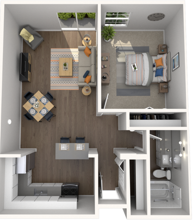 Floor plan - One-bed, one-bath at The Tower (A2 floor plan). Close to campus, pet friendly, optional par