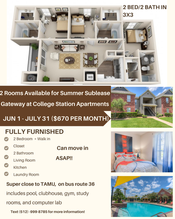 bedroom and street view and floor plan - Gateway Apartments at College Station