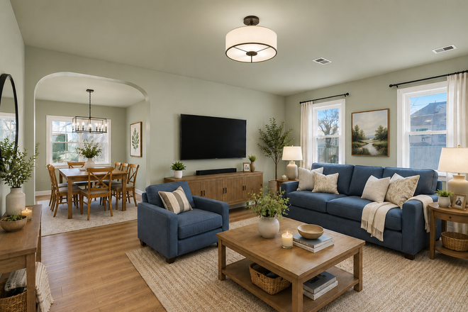 Front room and dining room. AI generated, this furniture is not available - 3 BR, 1 bath house with 2 car garage, 1 block from campus, washer/dryer/dishwasher, fenced backyard,