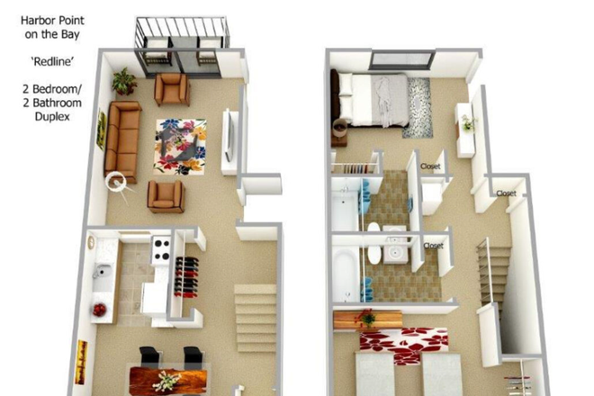 The room with the attached bathroom is available. Can accomodate 1 or 2 people. Select '2 Bedroom 2 Bath TH Duplex' on Virtual Tour. - Harbor Point on the Bay Apartments