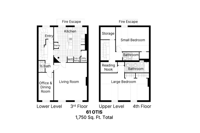 Floor plans of two level 1,750 sq. ft. apartment - 61 OTIS — Furnished Historic Residence, East Cambridge near Kendall Square Townhome