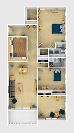 2 Bedroom 3D Floorplan - 406 & 420 Corl West Apartments