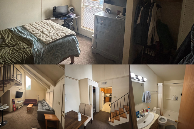 This is a view of the my bedroom on the top, following with the spacious living room with a 70 inch tv, the kitchen and dining area,bathroom - AffordbLE Apartment Close to Campus