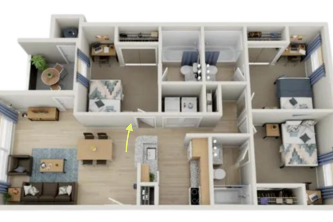 Arrow points to Bedroom A - Summer Sublease Available at The Pointe State College (May–July 2026)