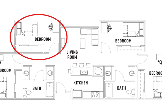 Floorplan of apartment with this bedroom circled - Plaza Verde 1 Private Bedroom & Shared Bathroom, closest to bus stops and shopping plaza