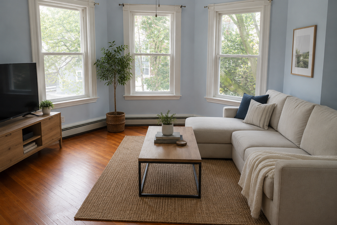 Living Room - 2 Bedroom, 1 Bath, Parking, Deck, Laundry, near Pond and Stony Brook T Triplex