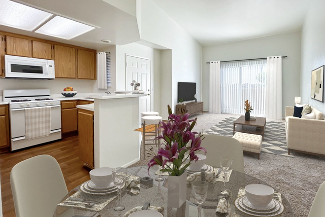 Livingroom and Kitchen - 2BR/2BTH -- w walk in closet (Spruce Village Apartments)