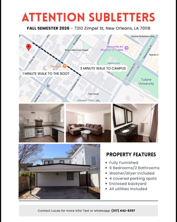 Prime location: 7310 Zimpel St — super close to campus • 🚶‍♂️ Only ~3 min walk to Tulane & 1 min to The Boot • 🛋️ Fully furnished — move-i - 7310 Zimpel Street
