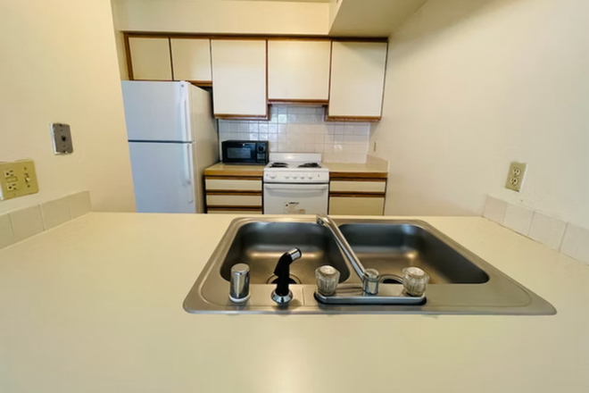 kitchen with 4 burner stove, frigde, and double sink - Spacious 2 bedroom for Spring 2026 Apartments