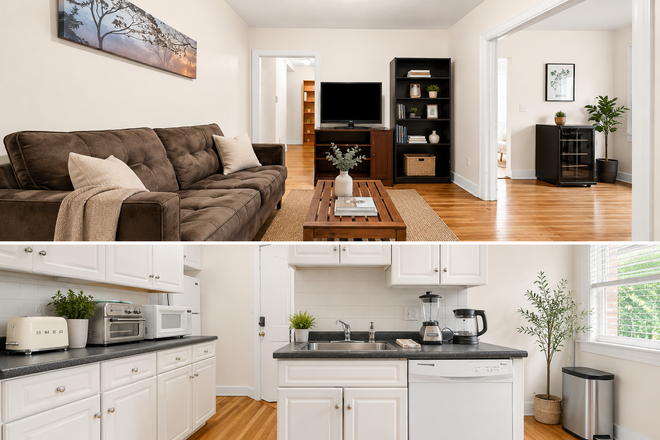 Living and kitchen - Harvard Sq 1BR+Flex Room | 913sqft, Fireplace | Heat Included Condo