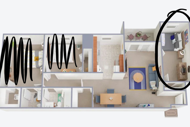 the circled room in the image is the one that is now available to lease - foxridge