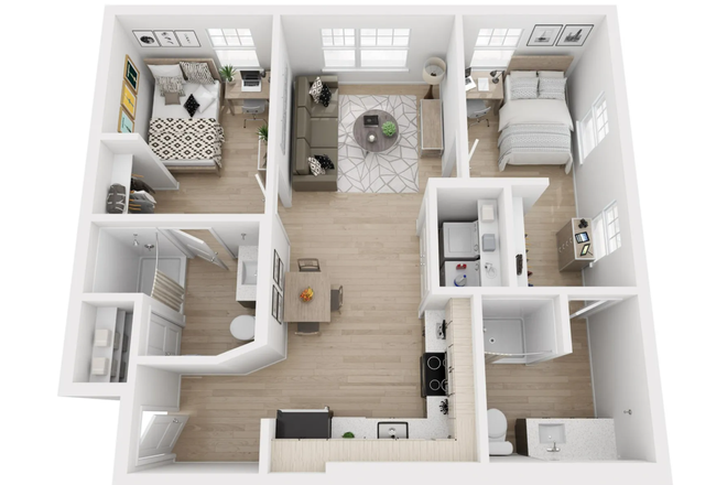 Interior Layout: bedroom, kitchen, living, and bath - Artisan Fieldstone Apartments- 2 bedroom