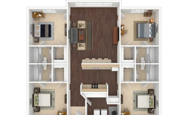 Everyone has their own closet and bathroom. Good open living space. Own laundry units - Collegiate Suites Apartments