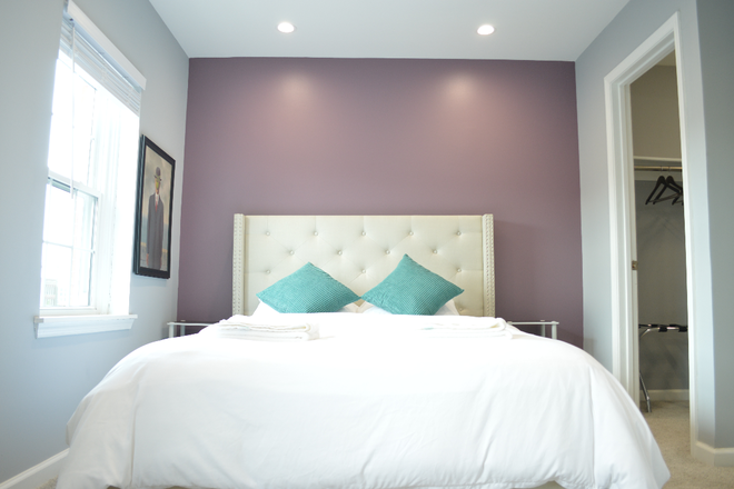 MASTER SUITE (taken by Bloomberg MPH): queen bed tufted headboard - 1 ROOM LEFT! FULLY FURNISHED GORGEOUS LUXURY TOWNHOUSE UPPER FELLS POINT 0.2 MILES WALK JHMI