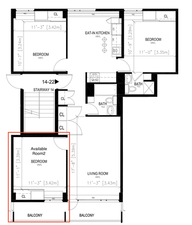 3b/2b floor plan, 946sf - Harvard Peabody Terrace (HUH) – 1 Room Available in 3B2B Apartment $1550