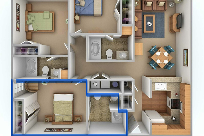 Floor Plan, Bedroom #1 is in the bottom left. - [BIG DISCOUNT] 3rd Floor End Unit, Furnished Living Room, Mountaineer Village Apartments