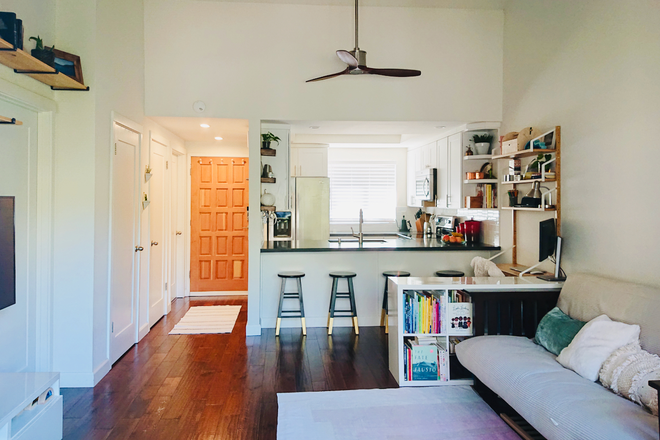 Living room with vaulted ceilings & natural light - Recently renovated 1 Bed/1 Bath condo with huge closet/bonus room, washer/dryer and water included