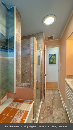 Bathroom - skylight, marble tile, mural - Peaceful Retreat, Tastefully furnished, W/D, veg garden,Kaneohe, near Bay & UH Lab, easy to downtown