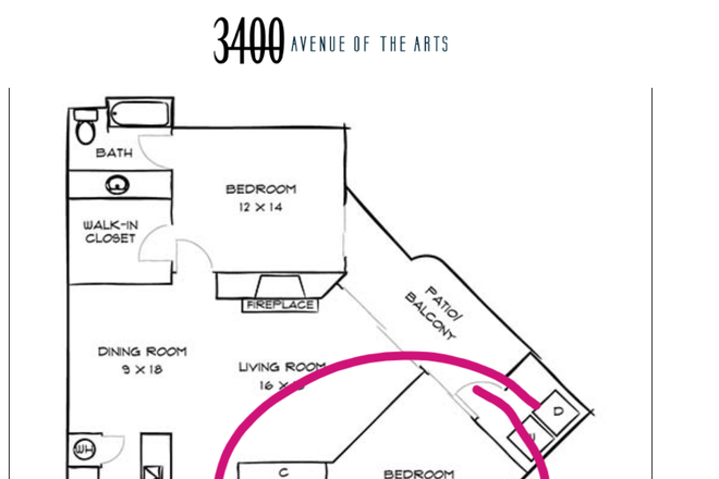 Layout of the Unit (pink circle would be your bedroom) - Dual Master Apartment (Looking to fill one of the bedrooms)