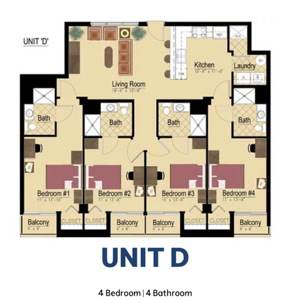 4 bedrooms, each with their own bathroom. - Malibu Apartments 4Bed/4Bath