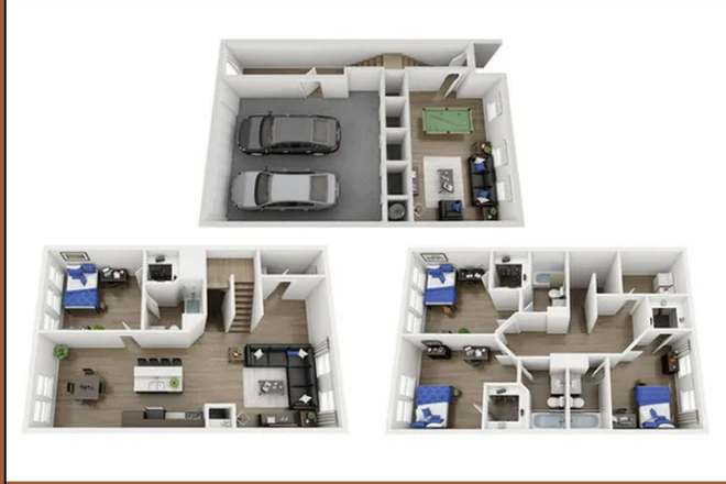 4x4 townhouse floor plan with private bedrooms, bathrooms, shared kitchen, living area, and in-unit washer/dryer. - The Ridge at Gainesville Apartments