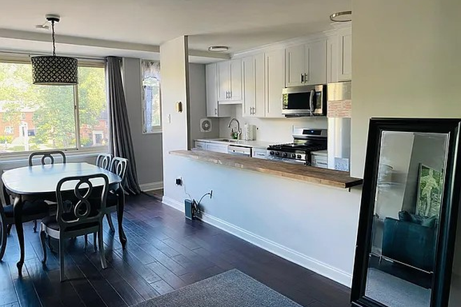 Dining room with view of kitchen - Beautifully Renovated Sun-Filled Apartment with Parking ~1.5 miles from Georgetown Med School an