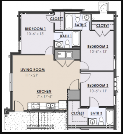 3 bedroom/ 3 bathroom unit floor plan - Gramercy Park Apartments