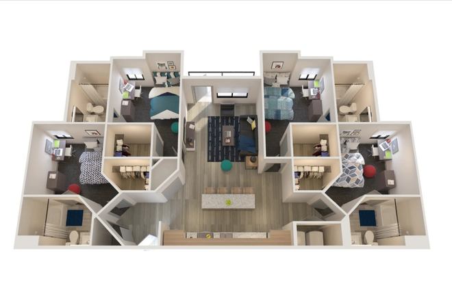 Sublet is the room in the lower right corner. Full bed, bath walk-in closet. - WILL COVER JANUARY RENT - Union on Fletcher Sublet in 4x4 3rd floor apartment