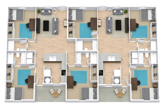 Floorplan of the apartment including bedrooms, kitchen, and living room. - Clemson 864 Village - Renovated Apartments