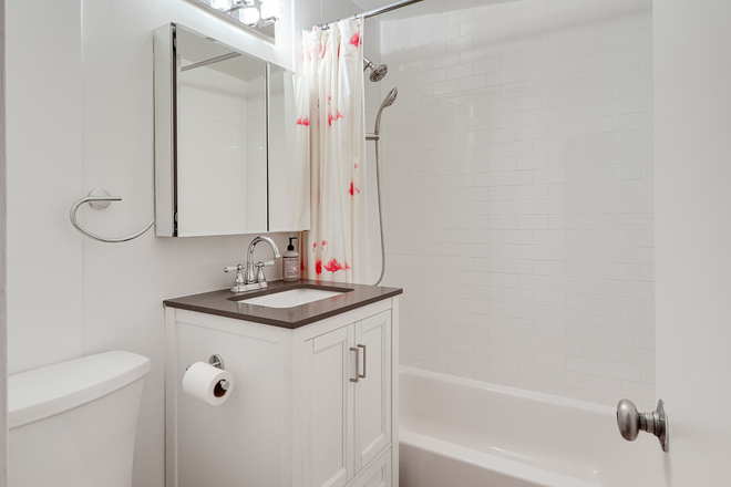 Bathroom in black and white with shower & tub - Light-filled and elegant Beacon Hill one-bedroom apartment available June 1