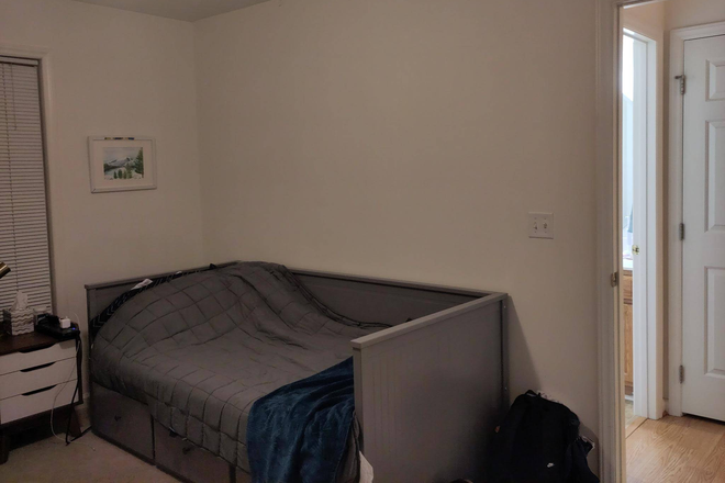 View of first floor bedroom, wall on the side of the entrance (furnishing will be removed). - Room in Carrboro townhouse, walkable to downtown, bikable to campus