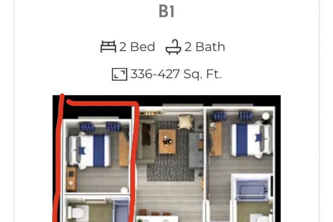 Layout (Red=area to be sublet- living room + kitchen shared) - The Flagship Kerns
