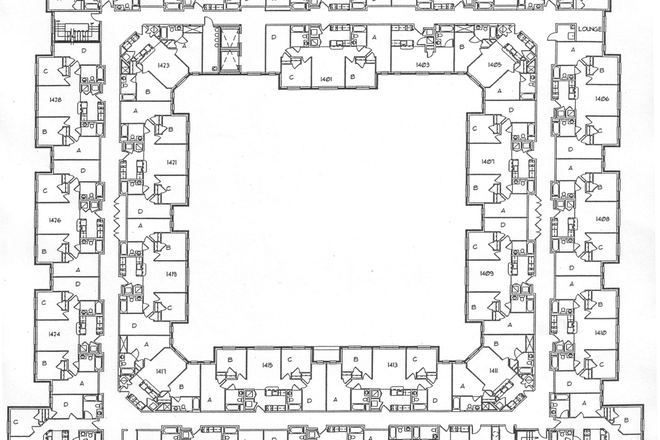 Floor plan with room circled - South Campus Commons 1, Room 1422B, Single Room - Male