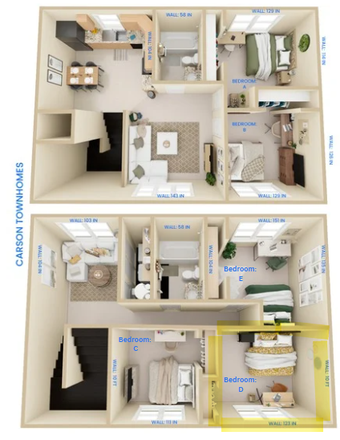 Unit Layout, Bedroom for lease highlighted - Carson Townhomes