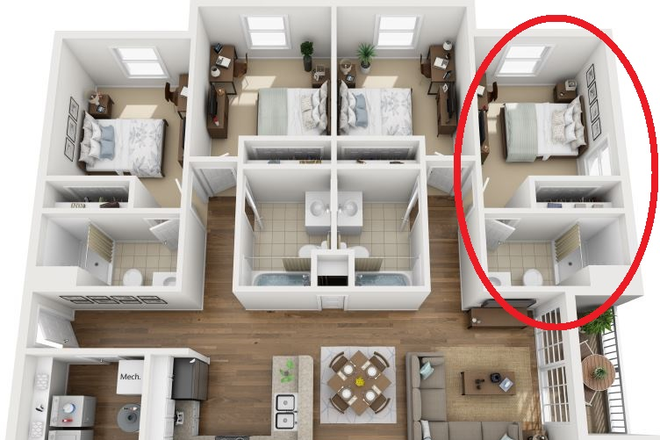 Floor plan with available Bedroom and Bathroom circled - Sunchase Apartments