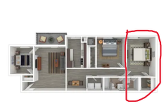 Floorplan of apartment with bedroom for rent circled - Terrace View Apartments