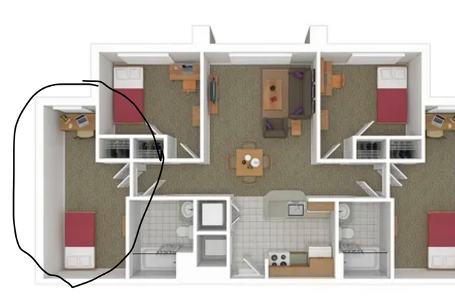 Circled room is available - 1 bedroom available in 4 bed/2 bath Mixed Gender Apartment on Campus