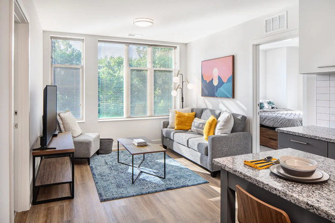 Model Livingroom furniture - Tempo College Park Apartment, 1 bedroom , 1 bath full unit,  walk to campus, Premium River view