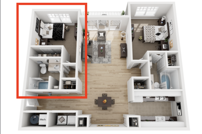 Area in red is the room available, spacious bathroom and large closet storage. - Wertland Square Apartments, on the corner