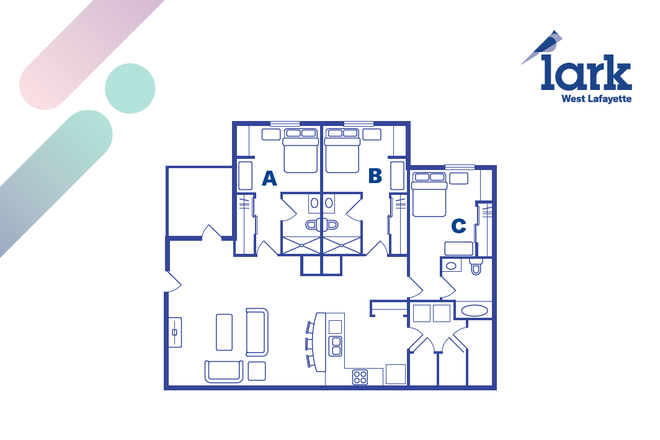 Layout of 3 bedroom 3 bathroom - Lark West Lafayette Apartments, Transfer Lease