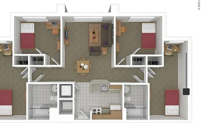 Charming 3D floor plan showcasing 2 bedrooms, a cozy living area, modern kitchen, and dual bathrooms. Ideal open layout for comfortable livi - Commons 1: 4 X 2 Apartment, close to campus