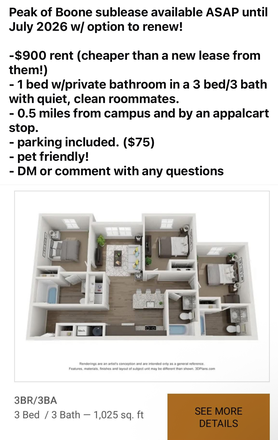 layout and description - Peak of Boone apartment, close to campus