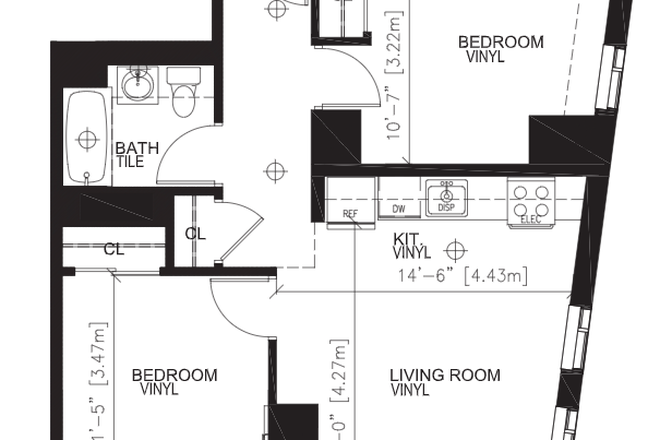 2B-1BA floor plant - OWA Tower (2 BR / 1 BA), fully furnished, 612 sqr ft, no side neighboors, river & court view Apartments