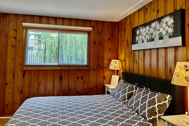 Garden view over the large window - Bright clean mainfloor bedroom with direct bus to UTM